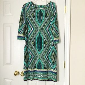 Chico’s Sz 2 Green multi color Dress, 3/4 sleeve
